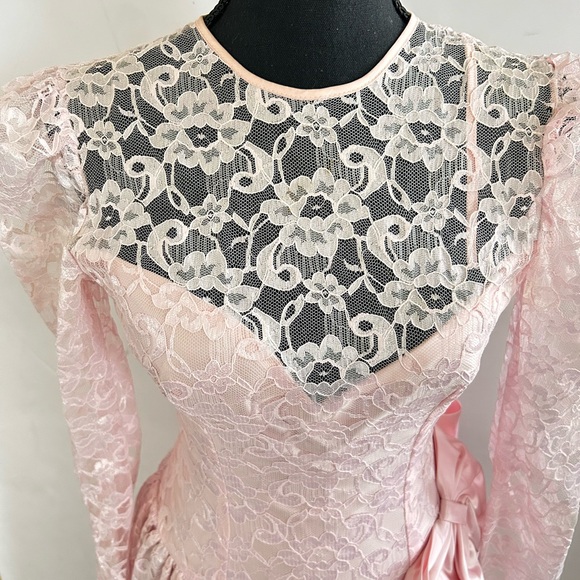 Vtg Alfred Angelo Party Dress Lace Pink Big Bow Puff Sleeve Back Open Womens S/M - Picture 15 of 15